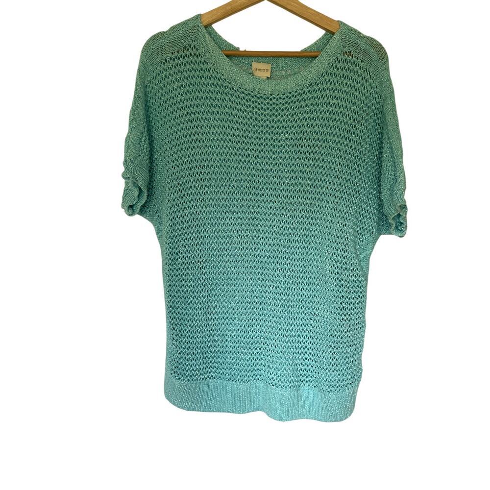 Chico's aqua blue knit top sheer holes y2k style women's size XL (Chicos size 3) - Picture 1 of 6